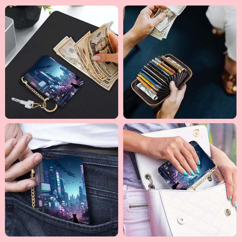 Blusabaca Cyberpunk Neon Art Credit Card Holder for Women, Small RFID Wallet with Zipper, Card Keychain Wallet, Leather Card Case, Business RFID Blocking Accordion Purse Wallet Gift - Image 3